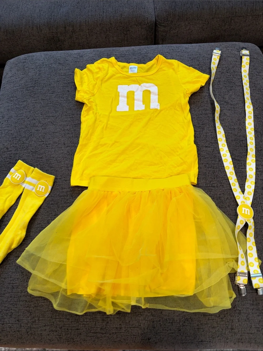 Yellow M&M-Inspired Girls Costume Set - T-Shirt, Tutu, Stockings & Suspenders